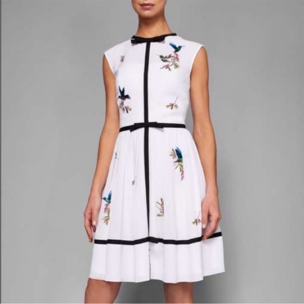 Ted Baker London White Fit-and-Flare Dress with Black Trim and Embroidered Birds